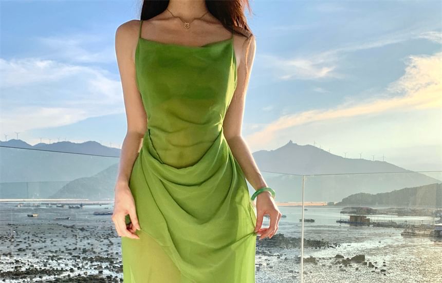 Spaghetti Strap Cowl Neck Plain Ruched Sheer Open Back Maxi Mermaid Dress