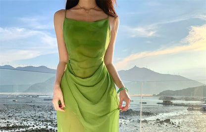 Spaghetti Strap Cowl Neck Plain Ruched Sheer Open Back Maxi Mermaid Dress