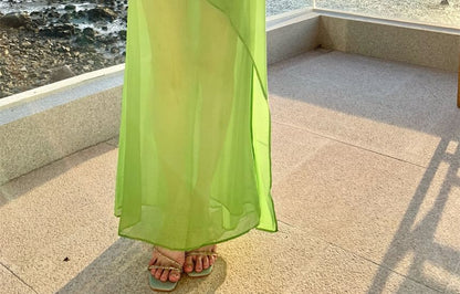 Spaghetti Strap Cowl Neck Plain Ruched Sheer Open Back Maxi Mermaid Dress