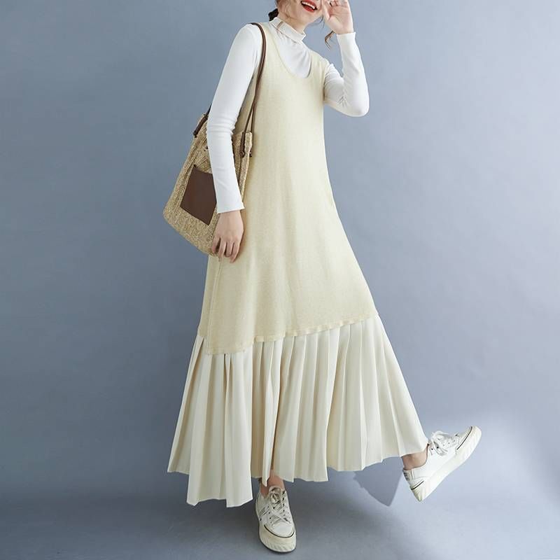 Scoop Neck Pleated Panel Maxi Overall Dress