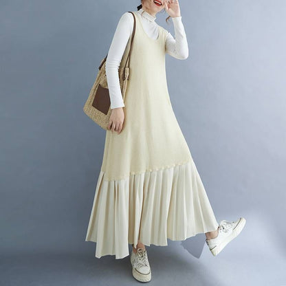 Scoop Neck Pleated Panel Maxi Overall Dress