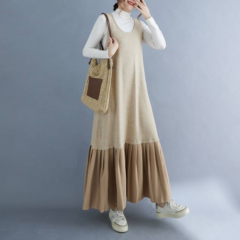 Scoop Neck Pleated Panel Maxi Overall Dress