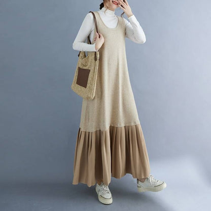 Scoop Neck Pleated Panel Maxi Overall Dress