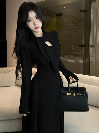 Long Sleeve Tie-Neck Plain Cutout Maxi A-Line Dress