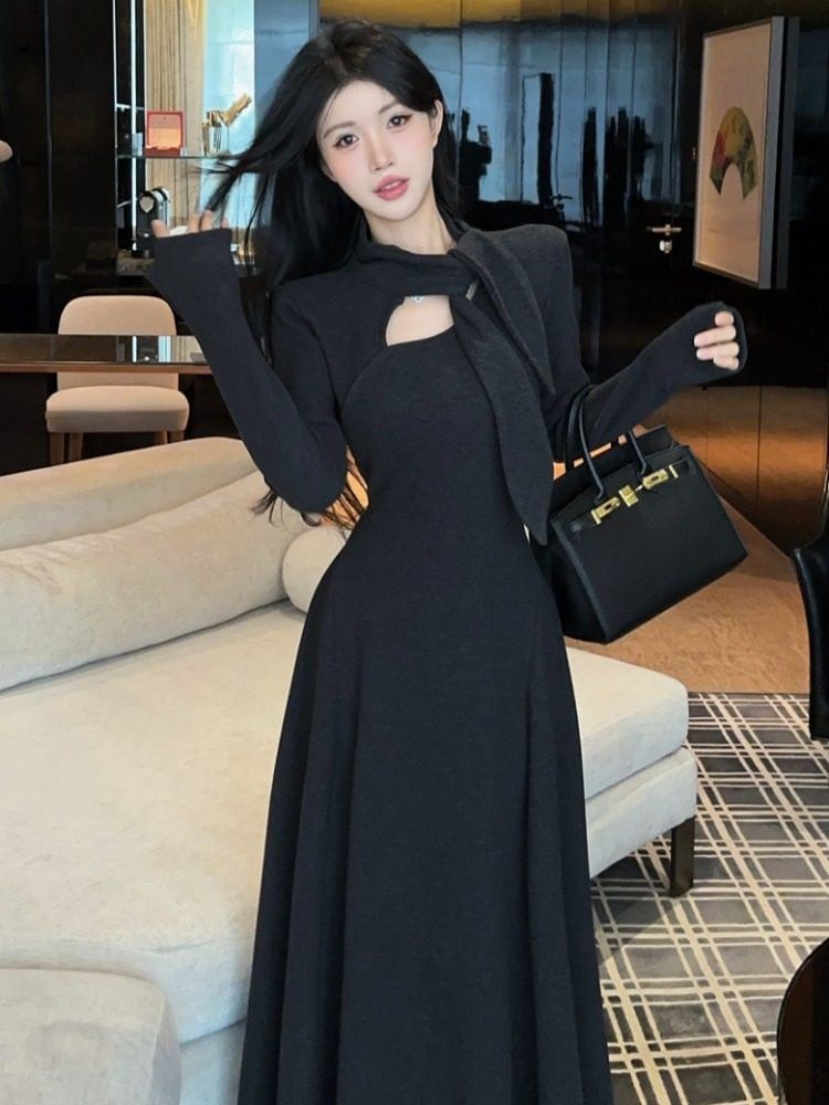 Long Sleeve Tie-Neck Plain Cutout Maxi A-Line Dress