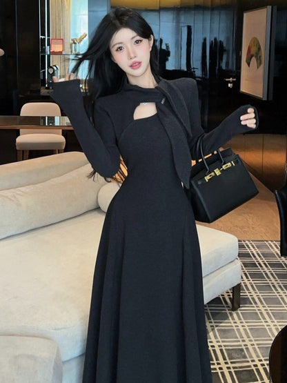 Long Sleeve Tie-Neck Plain Cutout Maxi A-Line Dress