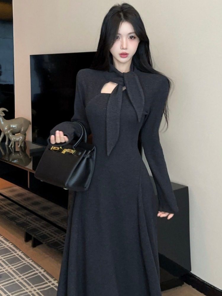 Long Sleeve Tie-Neck Plain Cutout Maxi A-Line Dress