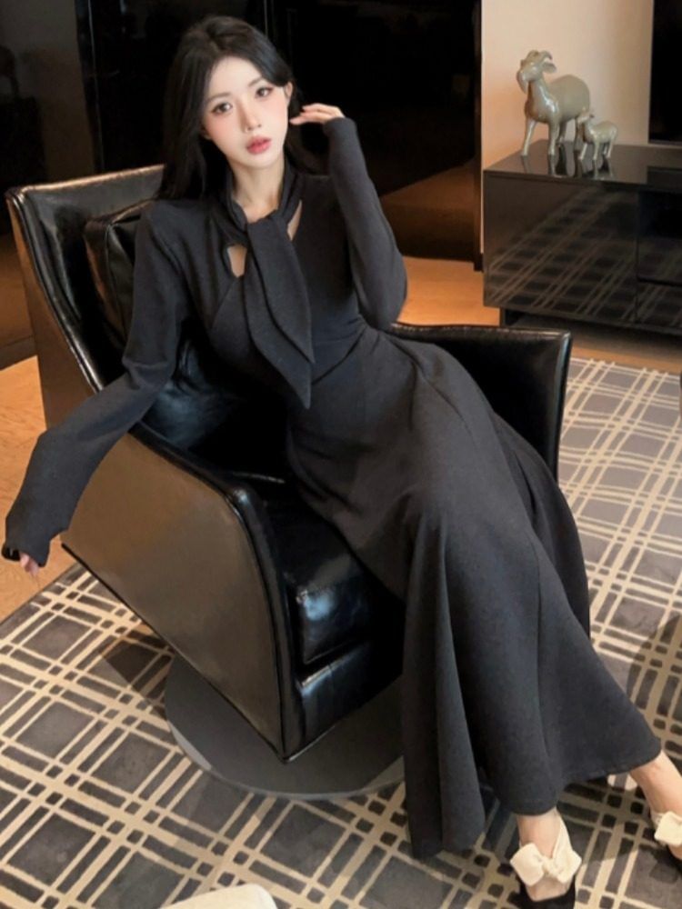 Long Sleeve Tie-Neck Plain Cutout Maxi A-Line Dress
