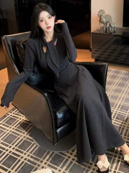 Long Sleeve Tie-Neck Plain Cutout Maxi A-Line Dress