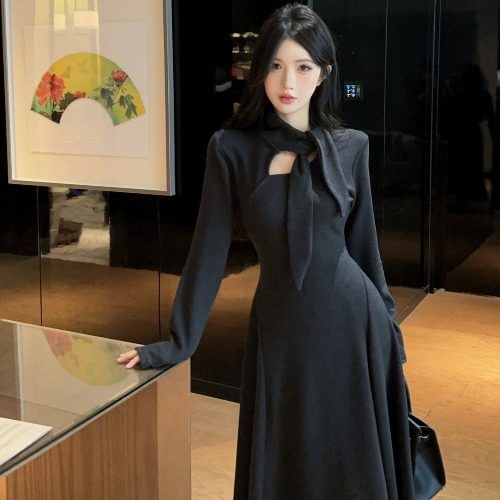 Long Sleeve Tie-Neck Plain Cutout Maxi A-Line Dress