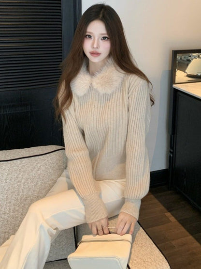 Faux Fur Collar Plain Ribbed Zip Cardigan