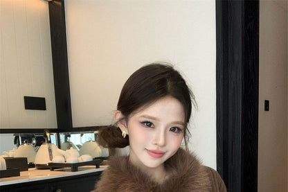 Faux Fur Collar Plain Ribbed Zip Cardigan
