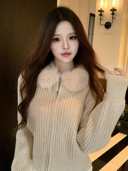Faux Fur Collar Plain Ribbed Zip Cardigan