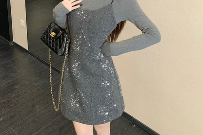 Long-Sleeve Mock Neck Plain T-Shirt / Spaghetti Strap Scoop Neck Sequin Mini A-Line Dress