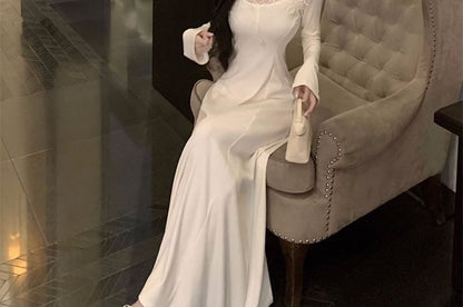 Long-Sleeve V-Neck Lace Panel Maxi A-Line Dress