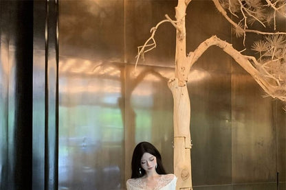 Long-Sleeve V-Neck Lace Panel Maxi A-Line Dress