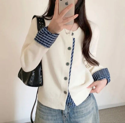 Crewneck Plaid Trim Cardigan