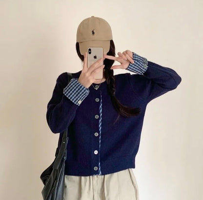 Crewneck Plaid Trim Cardigan