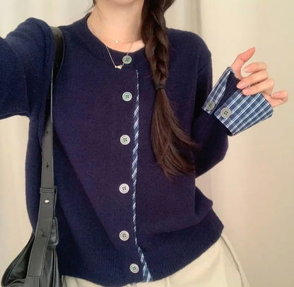 Crewneck Plaid Trim Cardigan