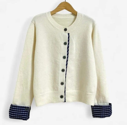 Crewneck Plaid Trim Cardigan