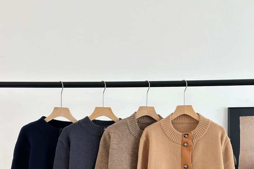 Crew Neck Plain Patchwork Cardigan