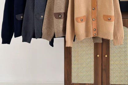 Crew Neck Plain Patchwork Cardigan