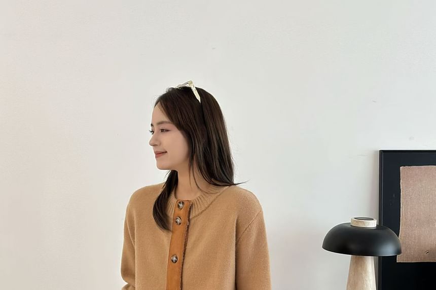 Crew Neck Plain Patchwork Cardigan