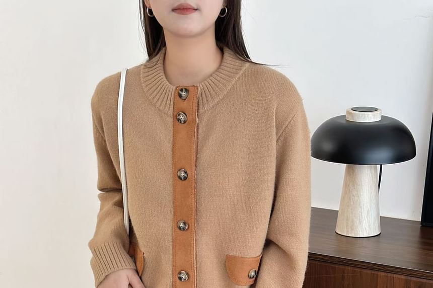 Crew Neck Plain Patchwork Cardigan