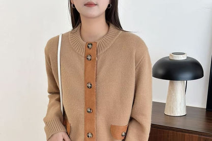 Crew Neck Plain Patchwork Cardigan
