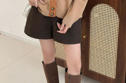 Crew Neck Plain Patchwork Cardigan