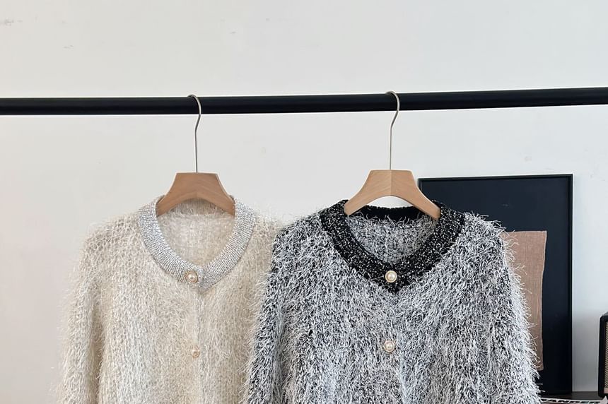 Crew Neck Plain Fluffy Cardigan