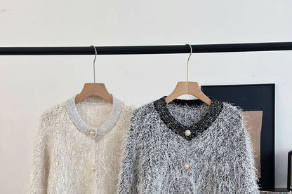 Crew Neck Plain Fluffy Cardigan