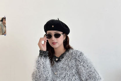 Crew Neck Plain Fluffy Cardigan
