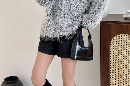 Crew Neck Plain Fluffy Cardigan