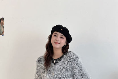 Crew Neck Plain Fluffy Cardigan