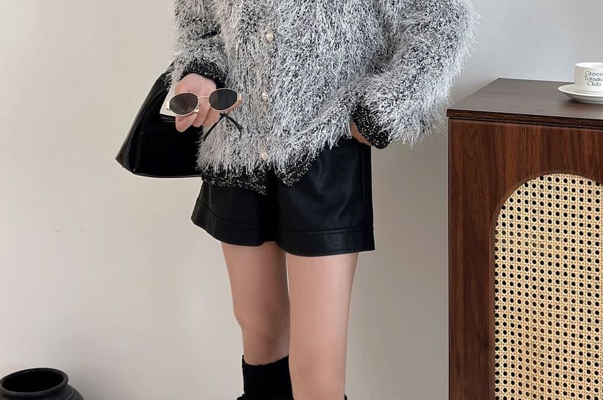 Crew Neck Plain Fluffy Cardigan