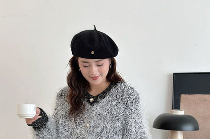 Crew Neck Plain Fluffy Cardigan