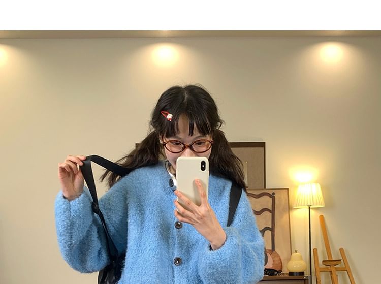 Puff-Sleeve Crew Neck Plain Cardigan