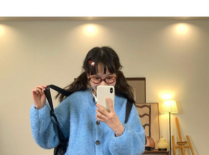 Puff-Sleeve Crew Neck Plain Cardigan
