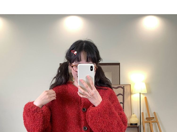 Puff-Sleeve Crew Neck Plain Cardigan