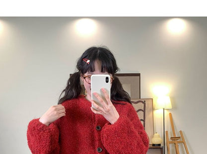 Puff-Sleeve Crew Neck Plain Cardigan