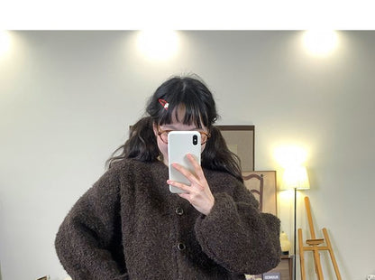 Puff-Sleeve Crew Neck Plain Cardigan