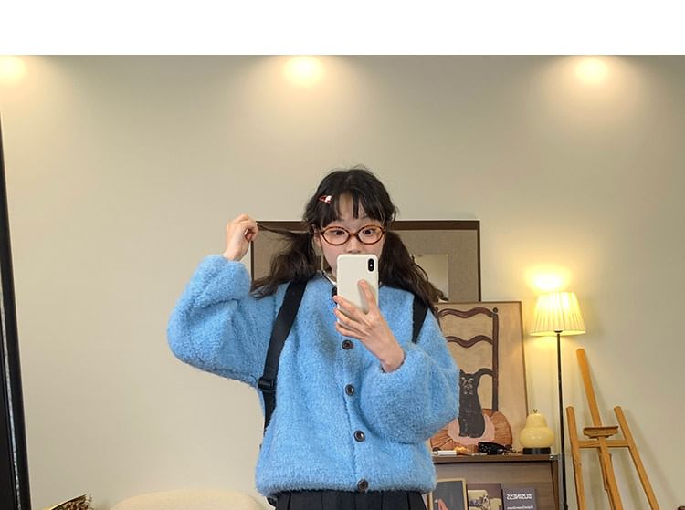 Puff-Sleeve Crew Neck Plain Cardigan