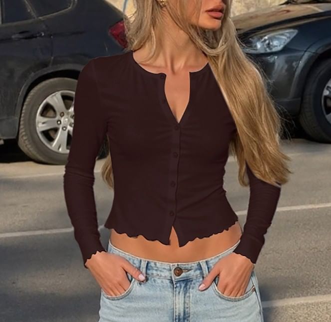 Long Sleeve Round Neck Plain Ruffled-Trim Slim-Fit Crop Light Cardigan