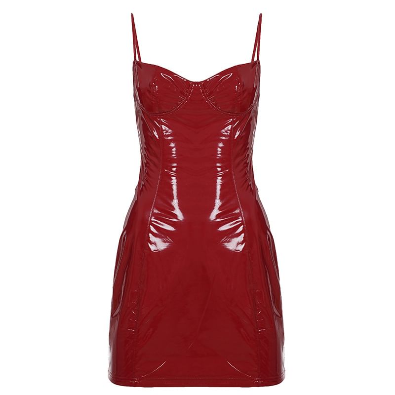 Spaghetti Strap Plain Faux Leather Mini Bodycon Dress