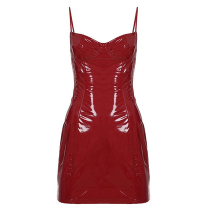 Spaghetti Strap Plain Faux Leather Mini Bodycon Dress