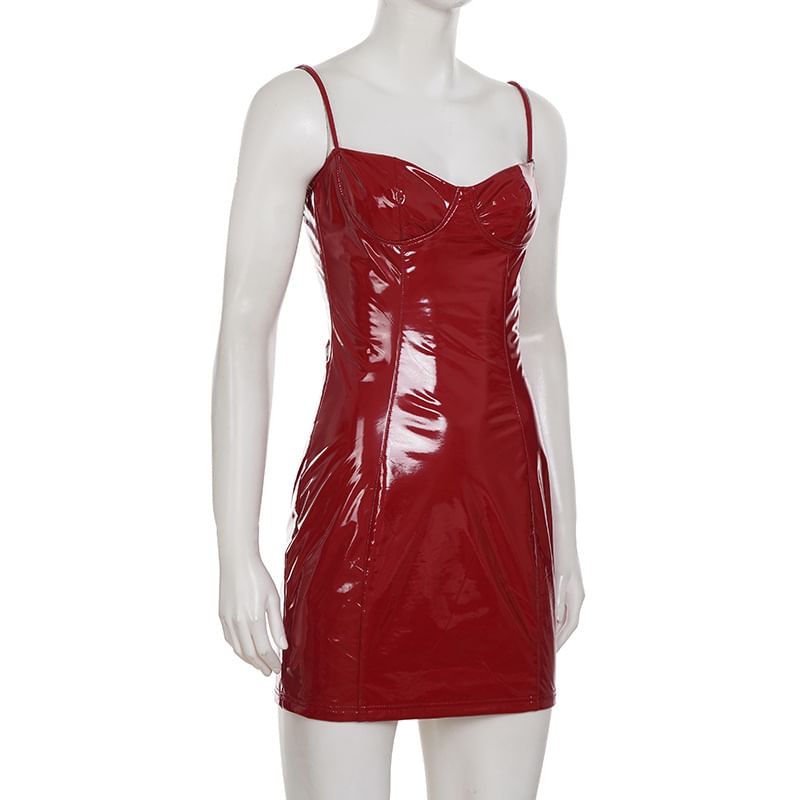 Spaghetti Strap Plain Faux Leather Mini Bodycon Dress