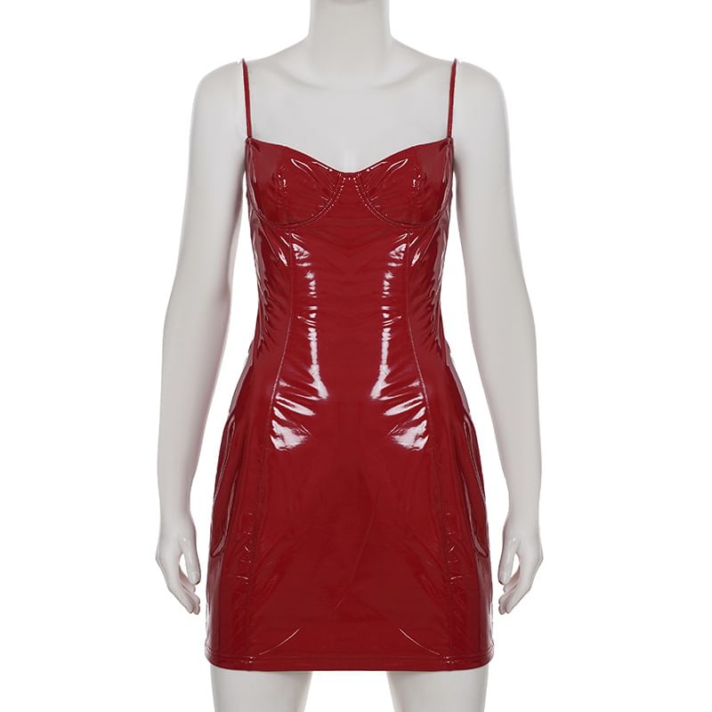 Spaghetti Strap Plain Faux Leather Mini Bodycon Dress