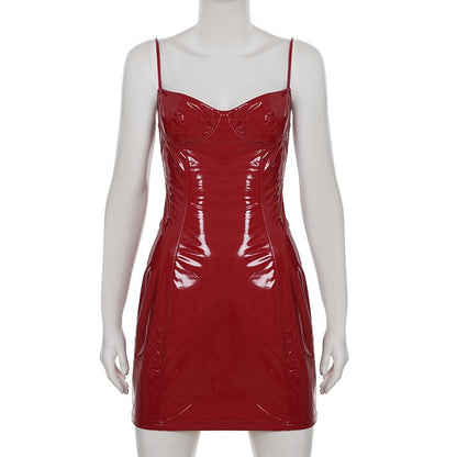 Spaghetti Strap Plain Faux Leather Mini Bodycon Dress