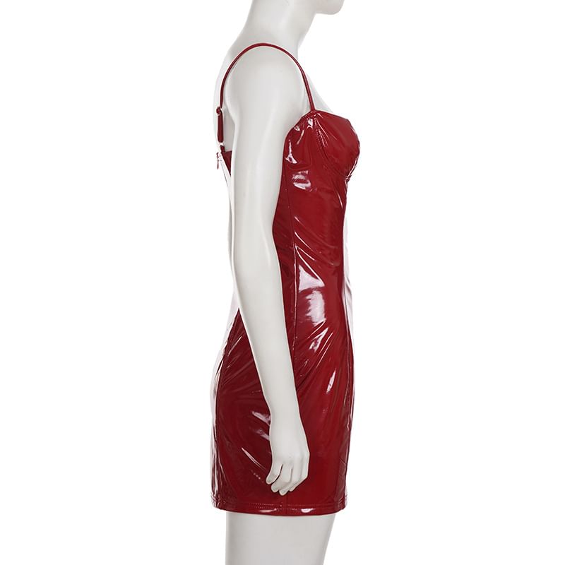 Spaghetti Strap Plain Faux Leather Mini Bodycon Dress